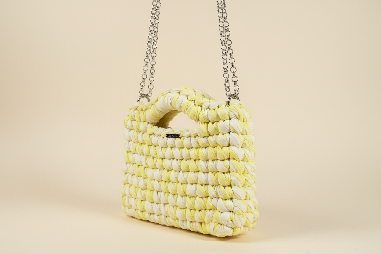Lime & Cream Chain-Handle Woven Bag