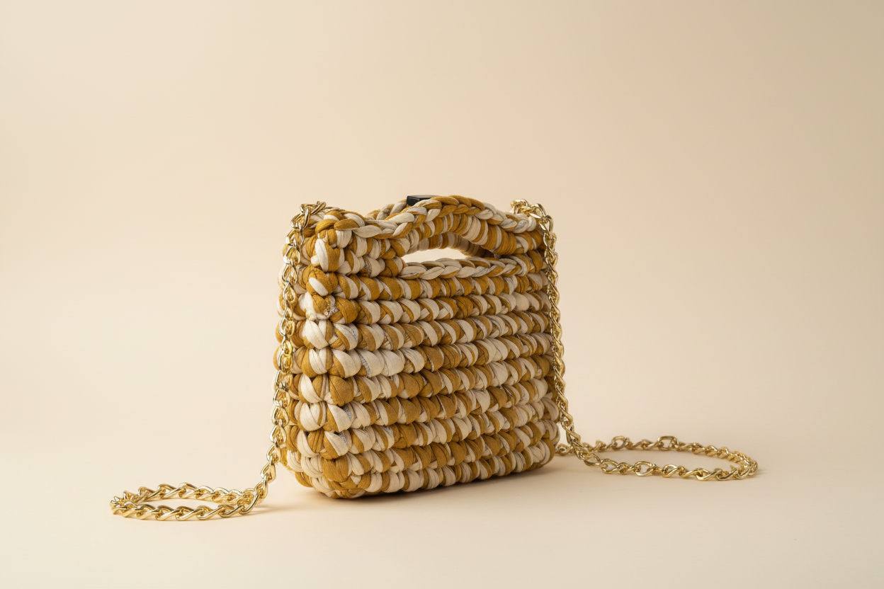 Mustard & Cream Chain Woven Bag