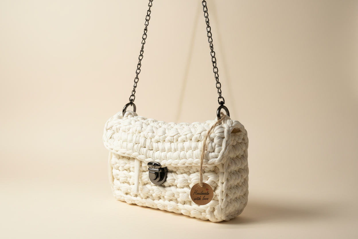 Ivory Woven Flap Chain Handbag