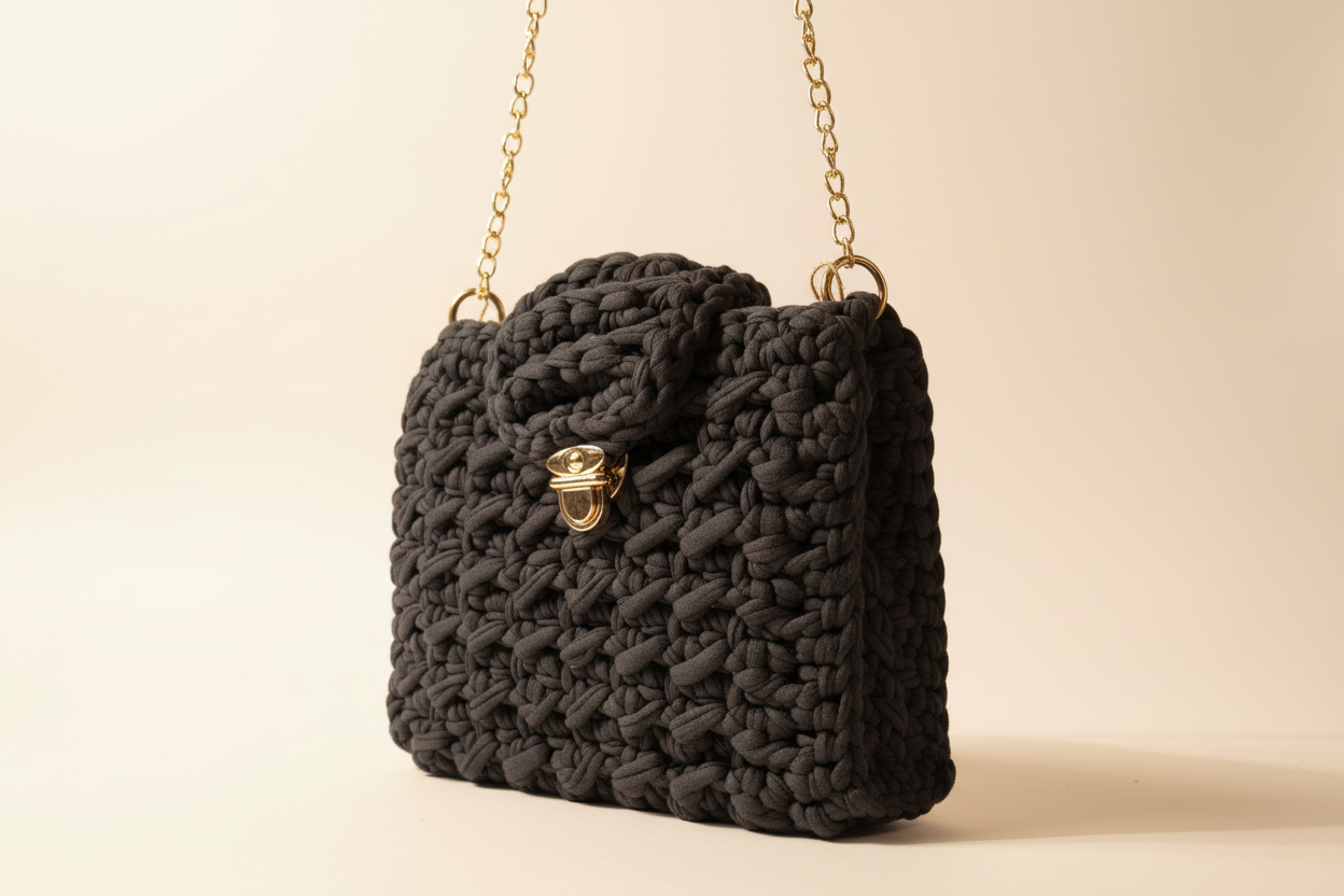 Charcoal Black Woven Clasp Shoulder Bag