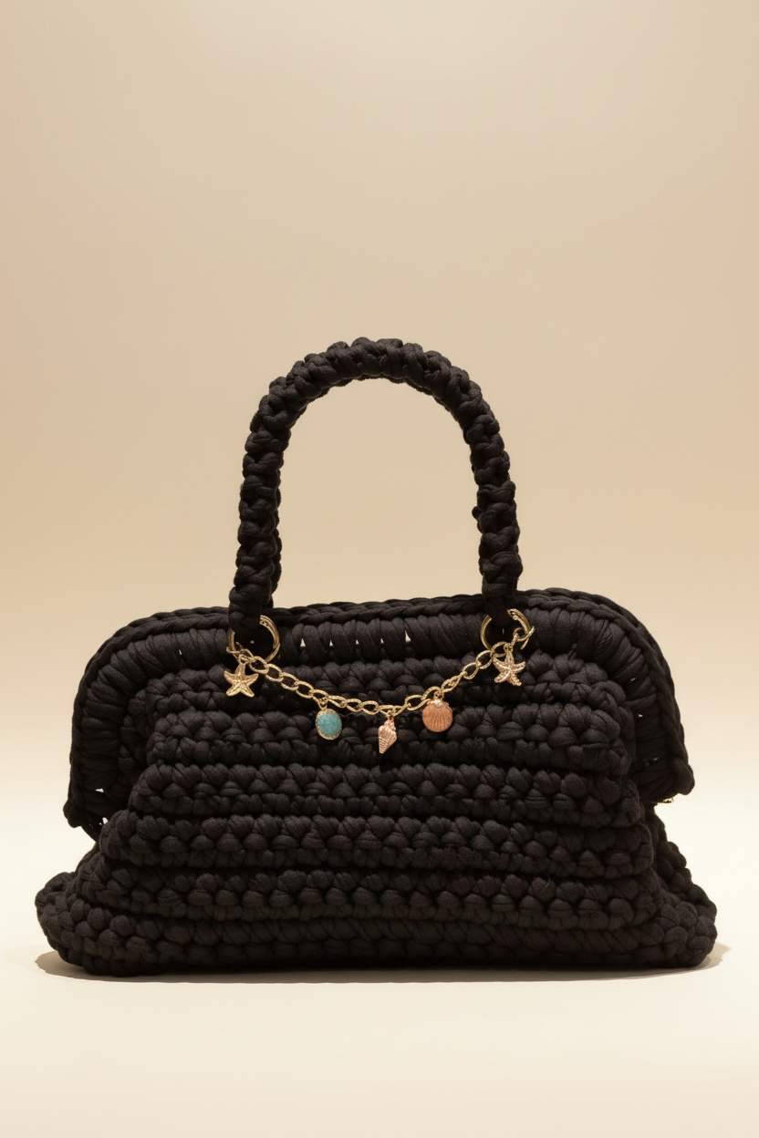 Black Crochet Charm-Chain Handbag