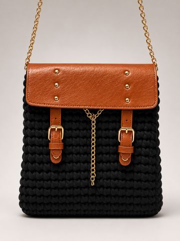 Black Crochet & Leather Chain-Detail Shoulder Bag